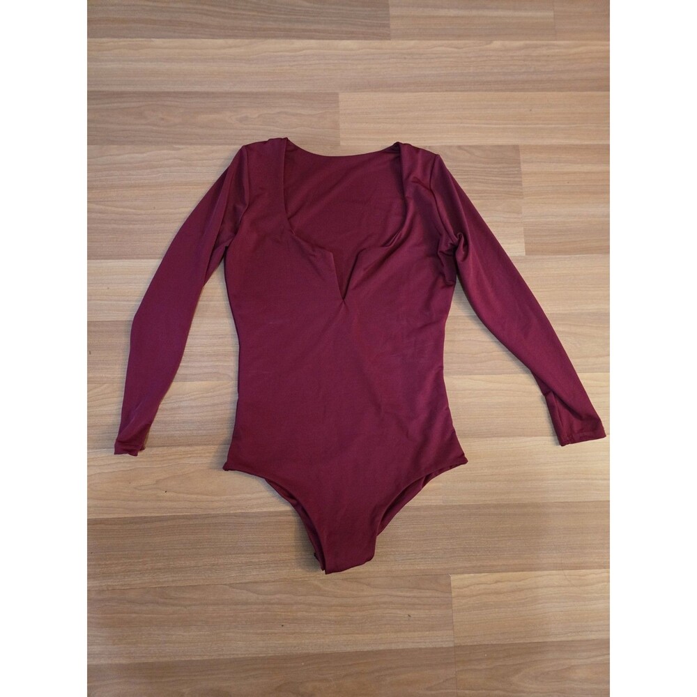 Womens Long Sleeve Red Bodysuit with Wired V Neck Detail